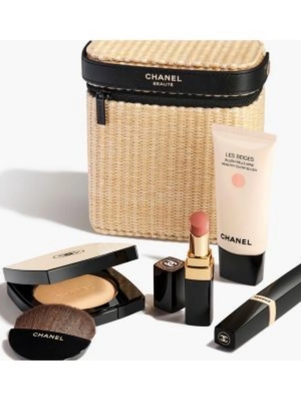 CHANEL Beige Straw Cosmetic Case with Black Trim & Makeup Set